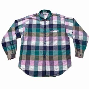 VTG 90s Pastel Patchwork Plaid Stitched Button Down Shirt L Cottage Core